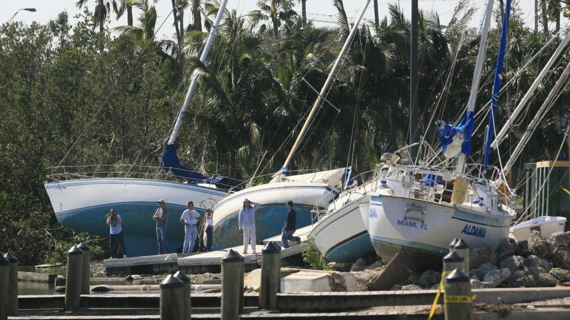 
Sailboats sit smashed on the rocks at the Dinner Key boat ramp in Coconut Grove after Hurricane Wilma in 2005.
