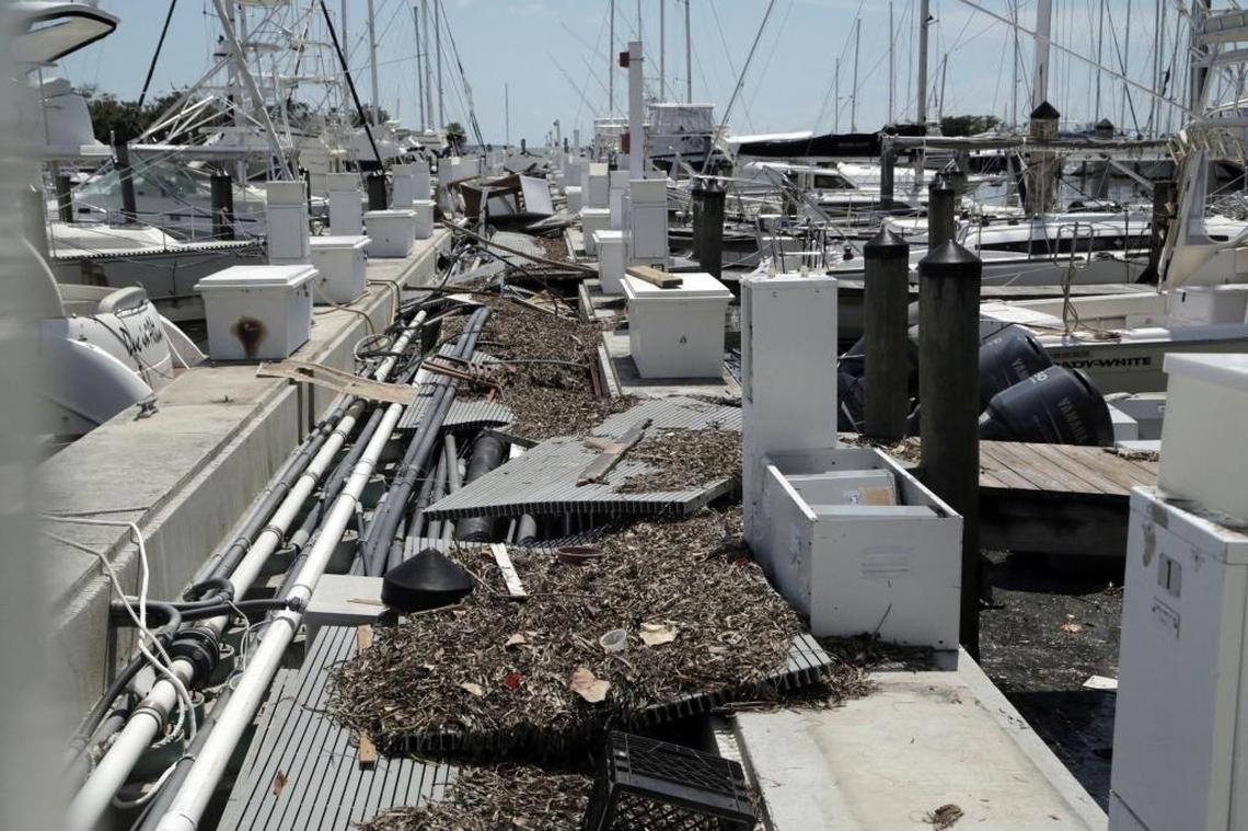 Miami, Florida - September 14, 2017- Pier 2 at the Dinner Key Marina in Coconut Grove after Hurricane Irma passed through Miami.