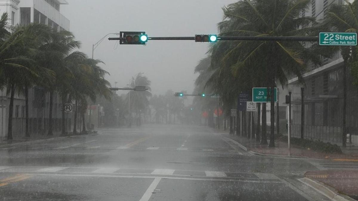 View of a rainy wind gust at Collins Avenue and 22nd Street, as Hurricane Irma began to bring stormy weather into South Florida on Saturday.