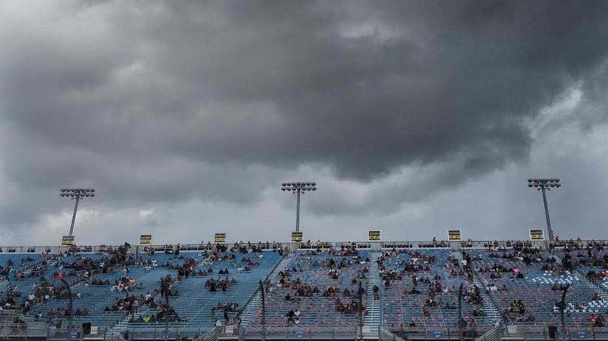 Dark clouds hover over the Homestead-Miami Speedway at Sunday’s finale of the NASCAR 2015 season.