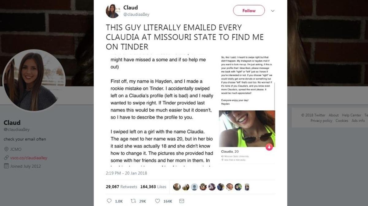 Claudia Alley’s tweet after finding out a fellow Missouri State freshman emailed every Claudia on campus to find her after swiping left by accident on the dating app Tinder.