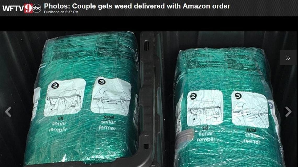 Slightly more than 63 pounds of marijuana, wrapped in boxes, wound up in four plastic storage bins an Orlando couple ordered from Amazon, WFTV reported.
