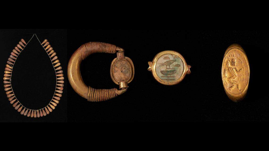 Archaeologists unearthed four pieces of gold jewelry at a burial site in Egypt.