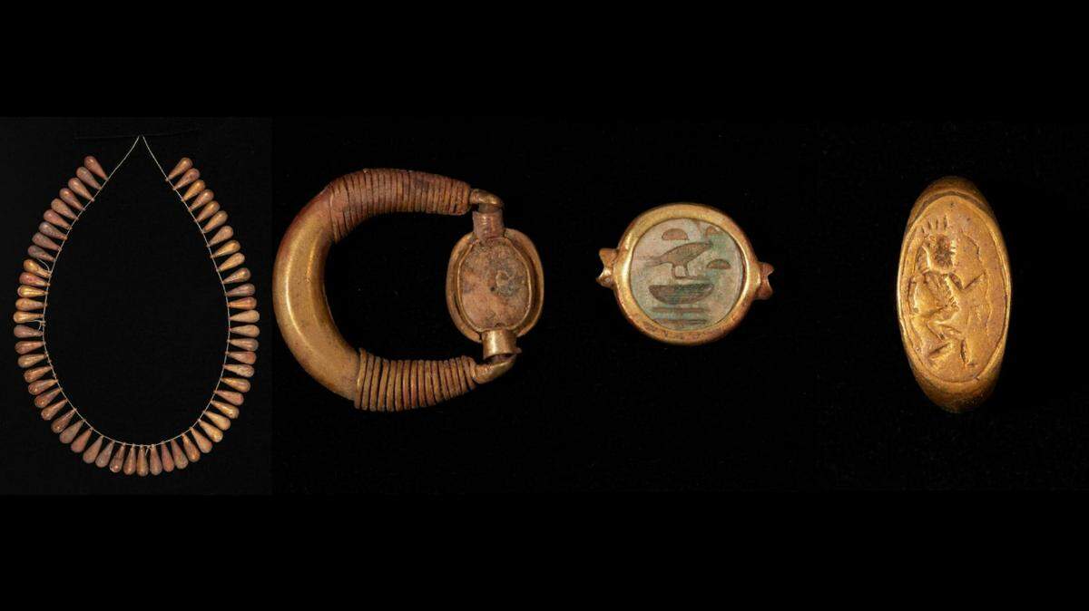 Archaeologists unearthed four pieces of gold jewelry at a burial site in Egypt.