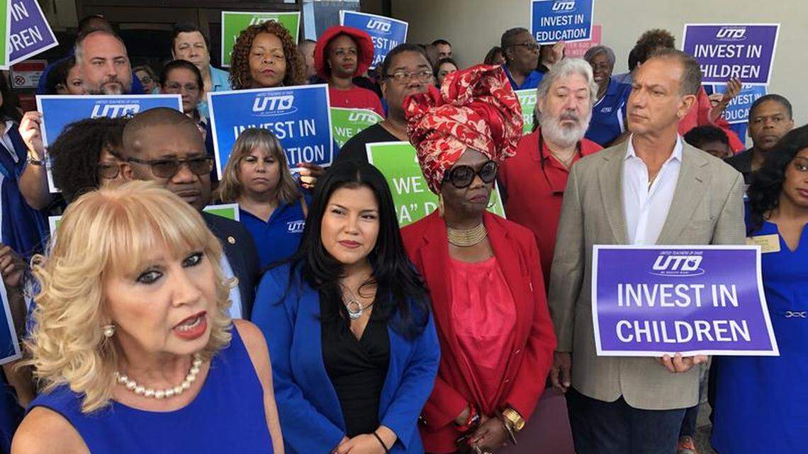From left, Miami-Dade County school board member Mari Tere Rojas, United Teachers of Dade president Karla Hernandez-Mats and board member Dorothy Bendross-Mindingall offer their support for a referendum to raise property taxes.