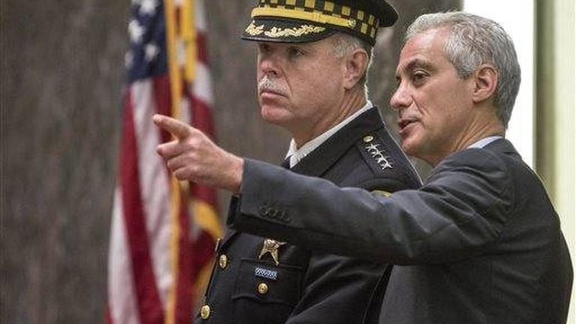 Chicago Police Superintendent Garry McCarthy and Mayor Rahm Emanuel speak at City Council chambers earlier this month.