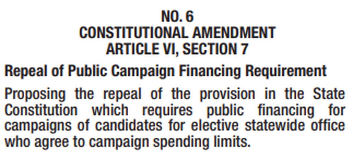 Amendment 6 asks Florida voters to repeal an amendment that allows taxpayer money to be used by candidates running for top state offices, including governor.