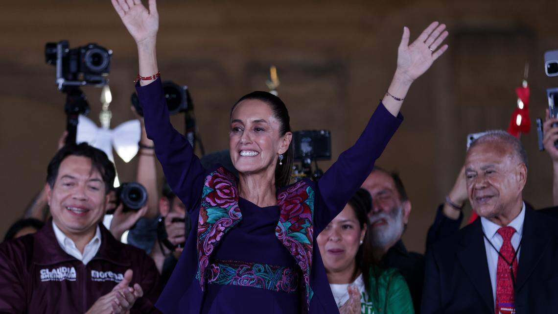 MEXICO CITY, June 3, 2024 (Xinhua) -- Claudia Sheinbaum greets supporters during a celebration event in Mexico City, capital of Mexico, on June 3, 2024. Mexican climate scientist and former Mexico City mayor Claudia Sheinbaum celebrated her victory in Sunday’s presidential elections as the candidate of the Let’s Keep Making History coalition. Sheinbaum, aged 61, will become Mexico’s first woman president in its more than 200 years of independence.
