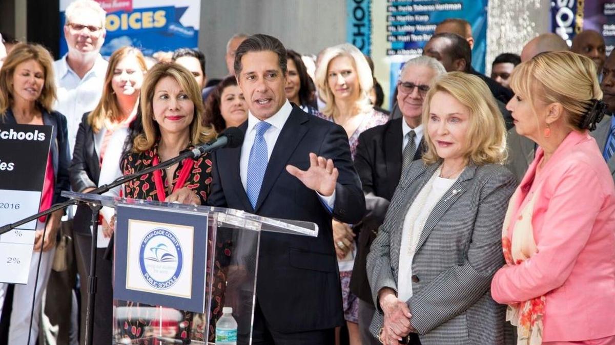 Miami-Dade schools chief Alberto Carvalho, with School Board members, announces that no school received an F.