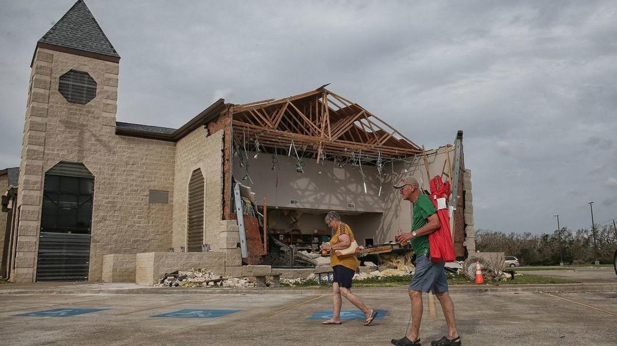The First Baptist Church a week after Hurricane Harvey struck land in Rockport, Tex. last year.