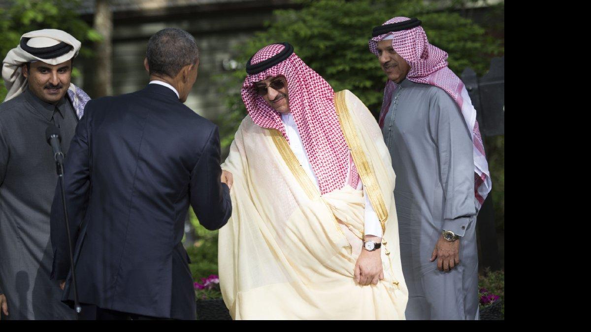 
AT CAMP DAVID: President Obama shakes hands with Saudi Arabia Crown Prince Mohammed bin Nayef following the Gulf Cooperation Council-U.S. summit. Obama hosted leaders from Saudi Arabia, Kuwait, Bahrain, Qatar, the United Arab Amirates and Oman.
