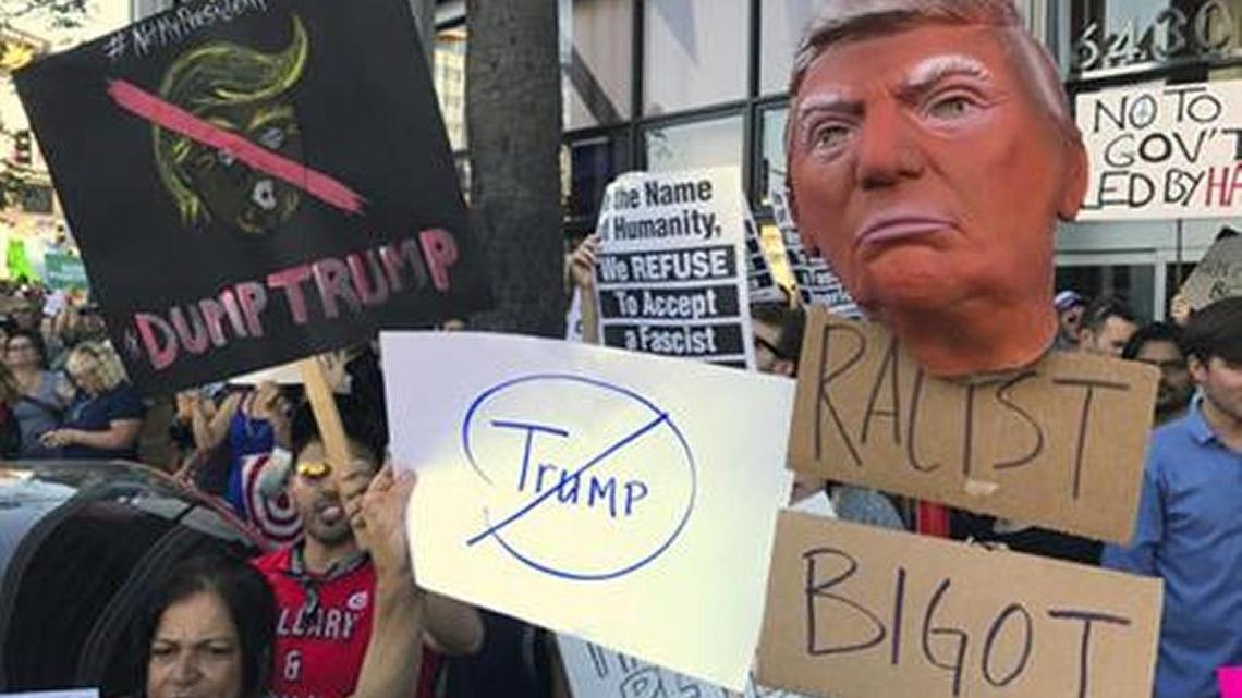 Demonstrators in Los Angeles express their displeasure with Donald Trump’s immigration policies.