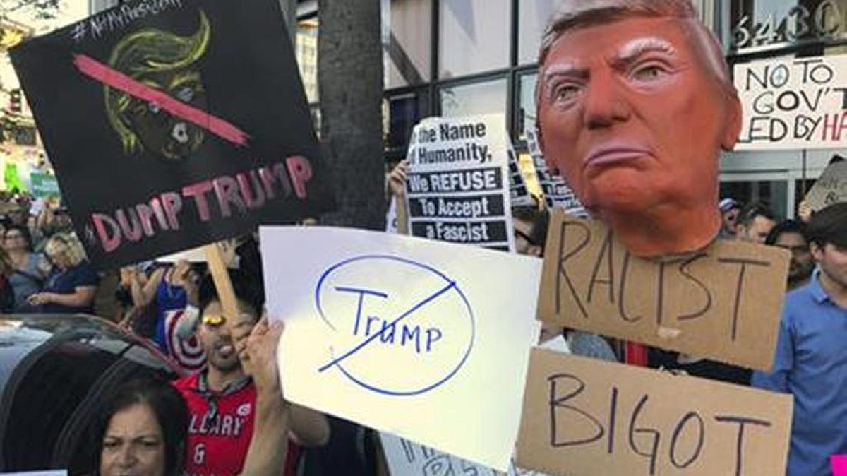 Demonstrators in Los Angeles express their displeasure with Donald Trump’s immigration policies.