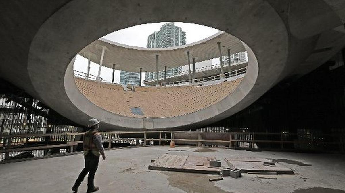 Drew Gerig, project engineer, at the Living Core Aquarium Mezzanine being built at the Frost science museum.