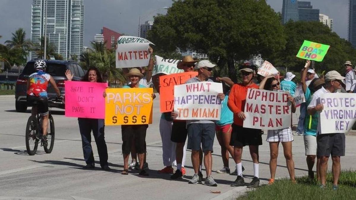Earlier this year, dozens of people gathered to protest the Miami International Boat Show’s move to Virginia Key.
