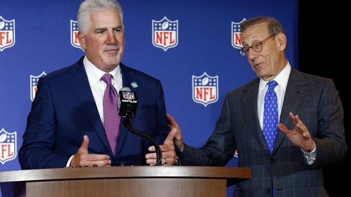 Rodney Barreto, chair of the South Florida Super Bowl Bid Committee, and Miami Dolphins owner Stephen Ross.