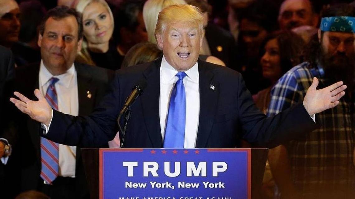 Republican presidential candidate Donald Trump speaks during a primary night news conference.