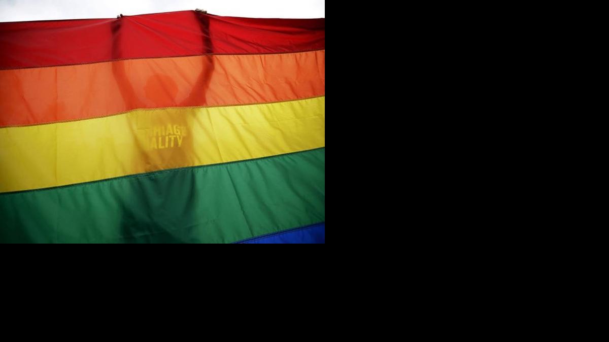 
A gay rainbow flag with the words “Marriage Equality” in the center . 

