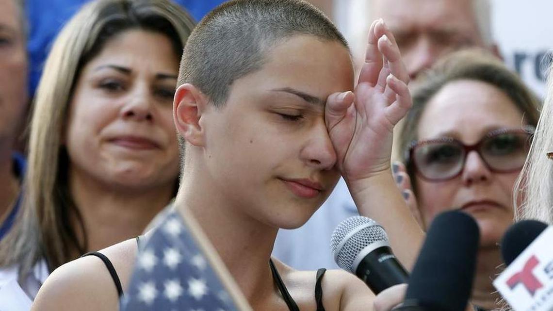 Marjory Stoneman Douglas High School student Emma Gonzalez speaks at a rally for gun control in Broward County on Sunday.