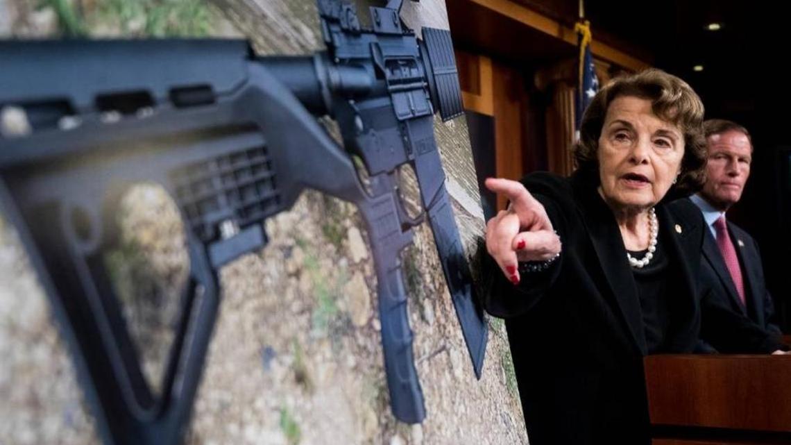 Sen. Dianne Feinstein, D-Calif., and Sen. Richard Blumenthal, D-Conn., hold a news conference in the Capitol on Wednesday to introduce legislation to ban the sale and possession of bump stock equipment used to turn a semiautomatic weapon into an automatic one.