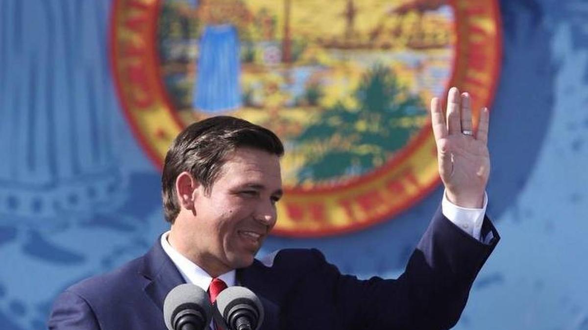 Florida Gov. Ron DeSantis waves before speaking during his inauguration ceremony Tuesday.