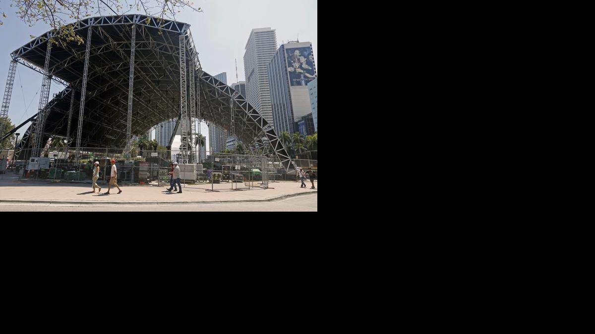 
READY TO PARTY: Preparations for Ultra Music Festival under way at Bayfront Park in downtown Miami.
