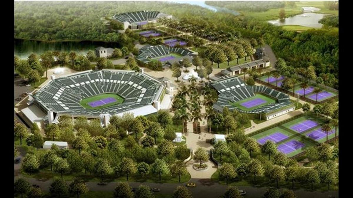 The Miami Open tournament site at Crandon Park is dotted with stadiums and tennis courts.