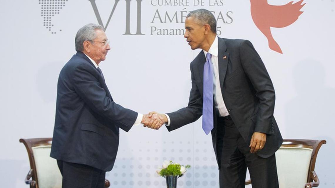 President Obama and Cuban President Raúl Castro shake hands at the Summit of the Americas in Panama last year.