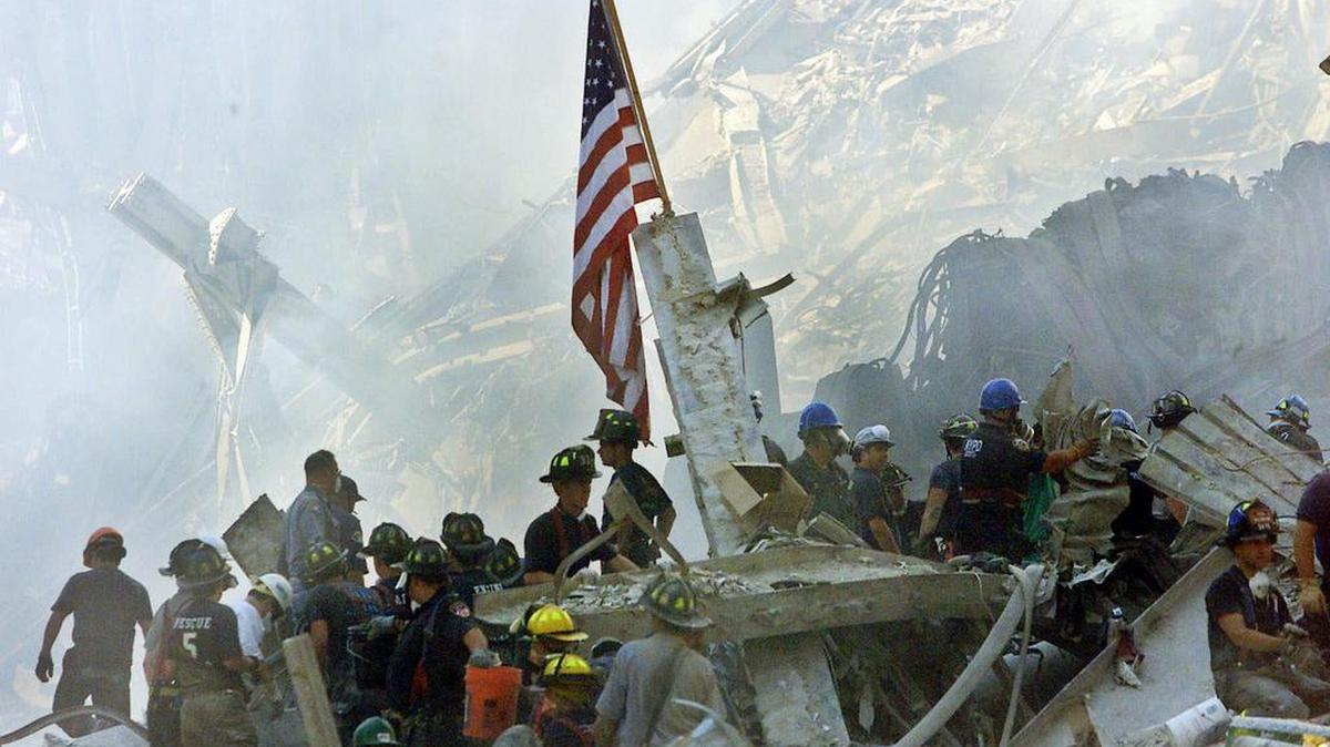 On Sept. 13, 2001, an American flag flew over the rubble of the collapsed World Trade Center buildings in New York.