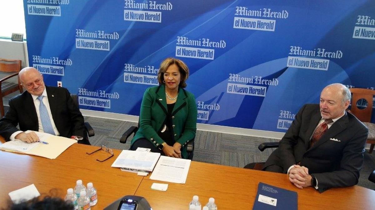The presidents of the major South Florida community colleges, Eduardo Padrón of Miami-Dade College (left), Ava Parker of Palm Beach State College and (right) J. David Armstrong of Broward Community College speaking to the Miami Herald Editorial Board.