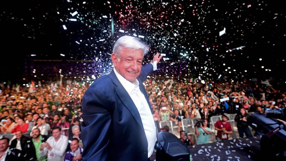 Newly elected President Manuel Lopez Obrador celebrates his victory in Mexico City on Sunday night.