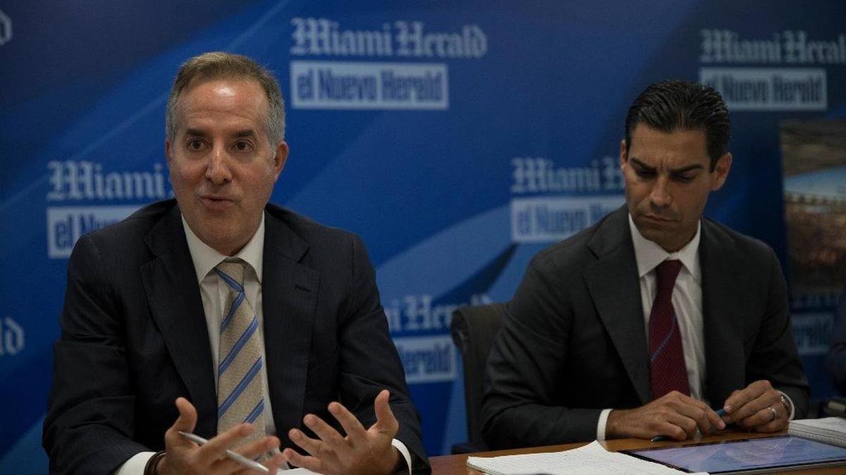 MasTec executive Jorge Mas and Miami Mayor Francis Suarez shown at a meeting with the Miami Herald Editorial Board to discuss the soccer stadium proposal for Melreese Country Club.