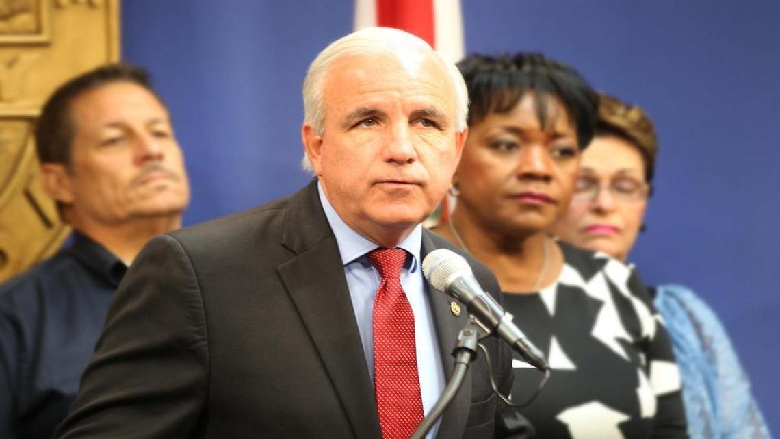 Miami-Dade County Mayor Carlos Gimenez led a news conference this month as the county prepared for Hurricane Matthew.