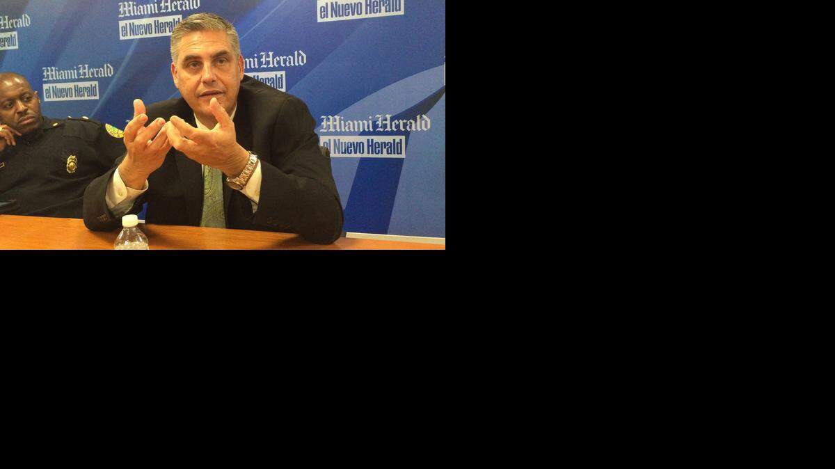 
New Miami Police Chief Rodolfo “Rudy” Llanes speaking to the Miami Herald Editorial Board on Tuesday. Maj. Delrish Moss looks on.
