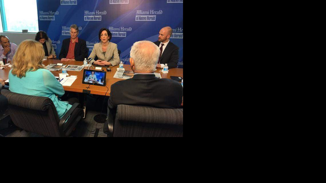 
U.S. Assistant Secretary for the Western Hemisphere Roberta Jacobson, leading diplomatic talks with Cuba, spoke to the Miami Herald Editorial Board on Saturday. Deputy Editorial Page Editor Juan Vasquez, right, and el Nuevo Herald Executive Editor Myriam Marquez listen on as Ms. Jacobson updates reporters and editors on the first round of talks. 
