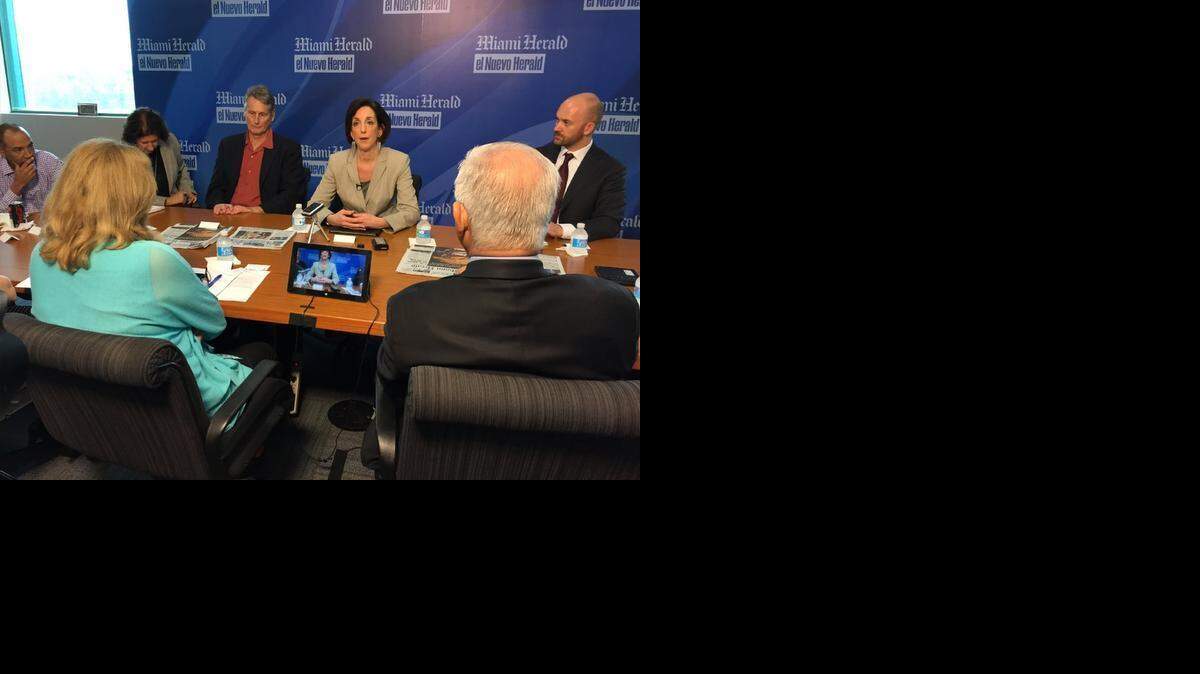 
U.S. Assistant Secretary for the Western Hemisphere Roberta Jacobson, leading diplomatic talks with Cuba, spoke to the Miami Herald Editorial Board on Saturday. Deputy Editorial Page Editor Juan Vasquez, right, and el Nuevo Herald Executive Editor Myriam Marquez listen on as Ms. Jacobson updates reporters and editors on the first round of talks. 
