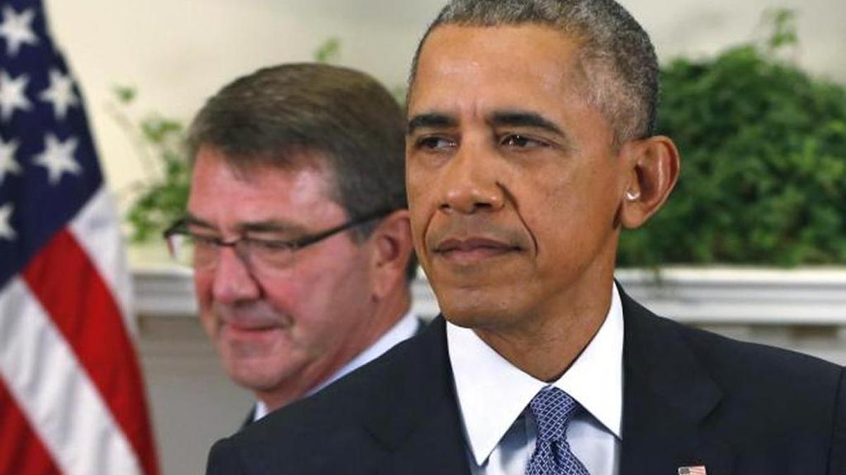 
President Obama and Defense Secretary Ash Carter arrive in the Roosevelt Room Thursday for Afghanistan announcement.
