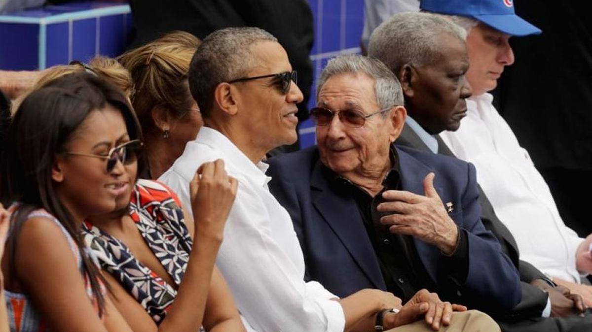 Former President Obama, seated with Raúl Castro, normalized relations with Cuba, but failed to bring about democratic reforms there.