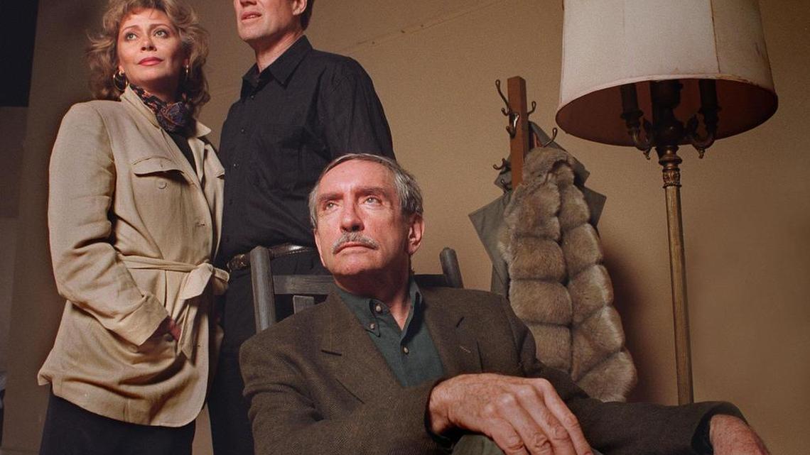 Edward Albee, seated, with Elizabeth Ashley and Frank Converse, who starred in the 1997 revival of the playwright’s “Who’s Afraid Of Virginia Woolf?” at the Coconut Grove Playhouse.