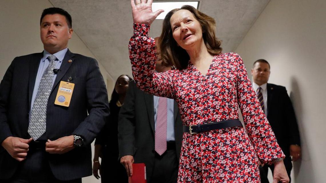 CIA Director nominee Gina Haspel waves as she arrives for her meeting with Sen. Joe Manchin, D-W.Va.