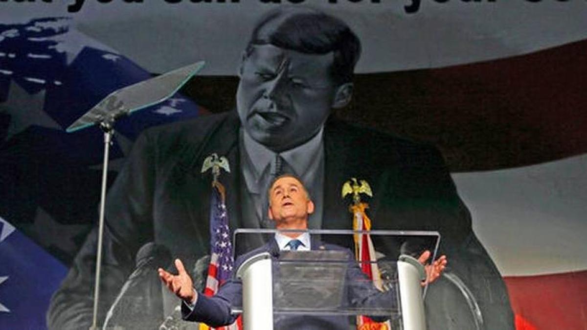 Miami Beach Mayor Philip Levine announced his run for governor with a backdrop of images of his role models, including John F. Kennedy.
