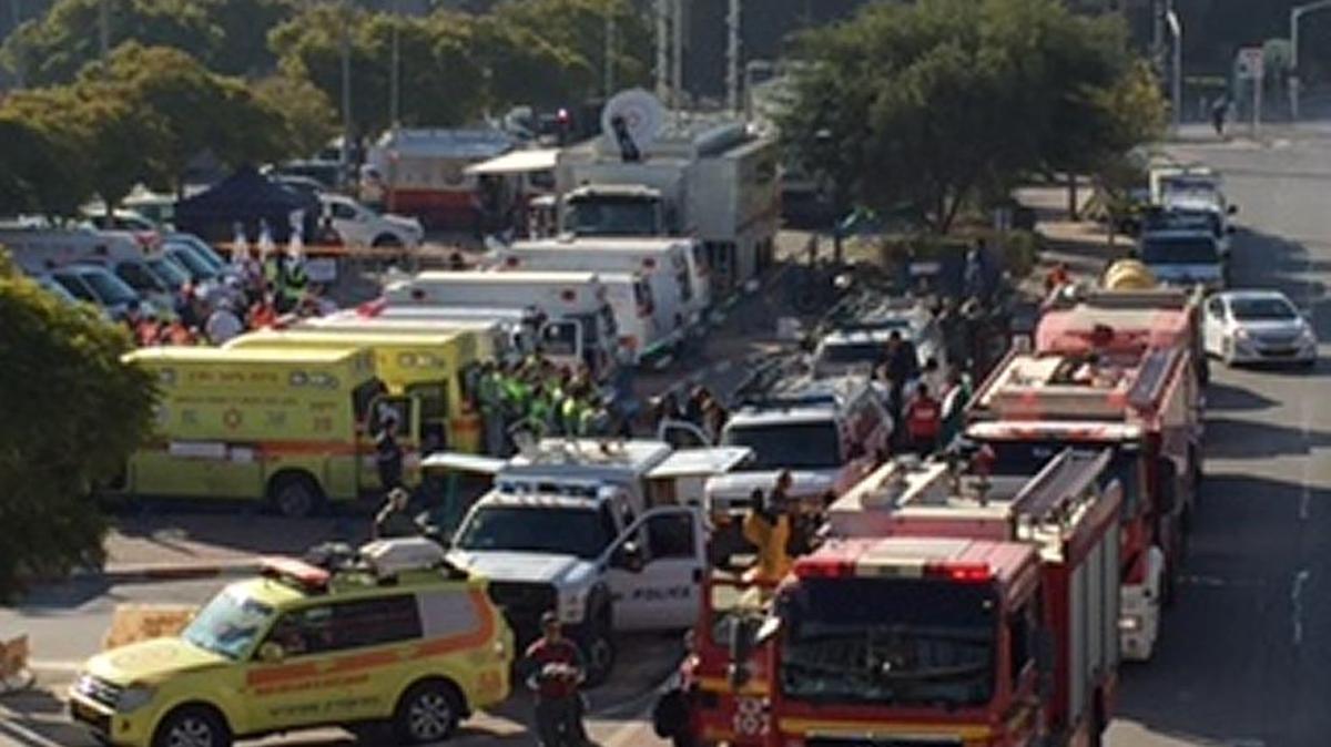 Emergency vehicles assemble before the start of a mass casualty drill at Ben Gurion University of the Negev in Beershaba, southern Israel.