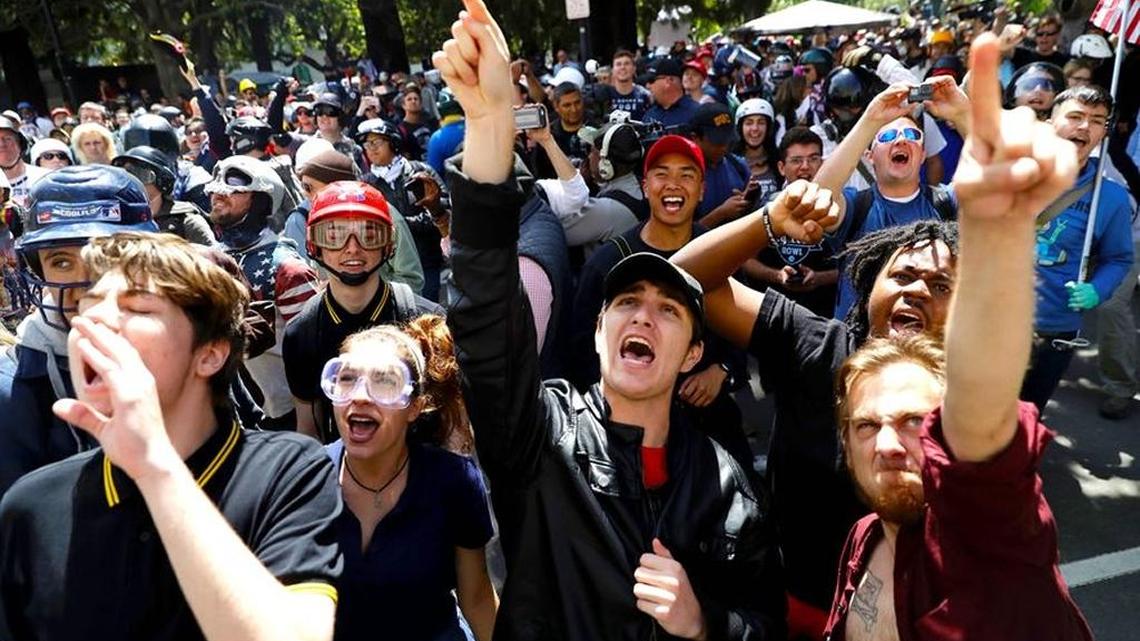 Demonstrators protest against conservative author Ann Coulter and her scheduled appearance on the campus of the University of California, Berkeley.
