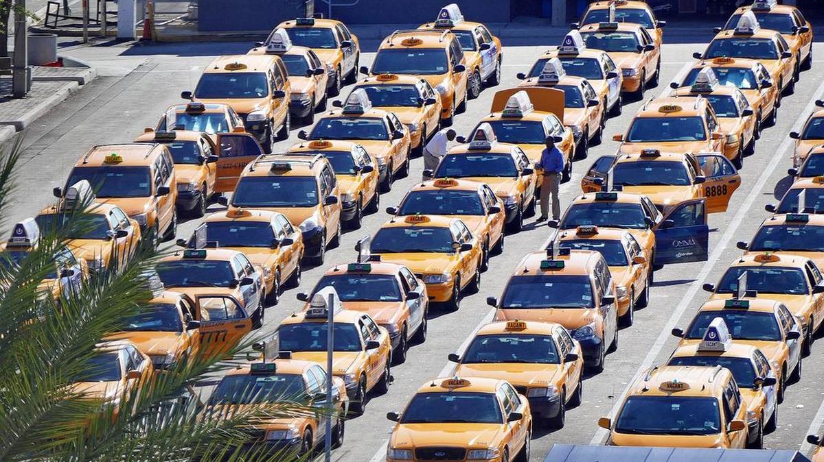 Taxi cabs line up for passengers at Miami International Airport.
