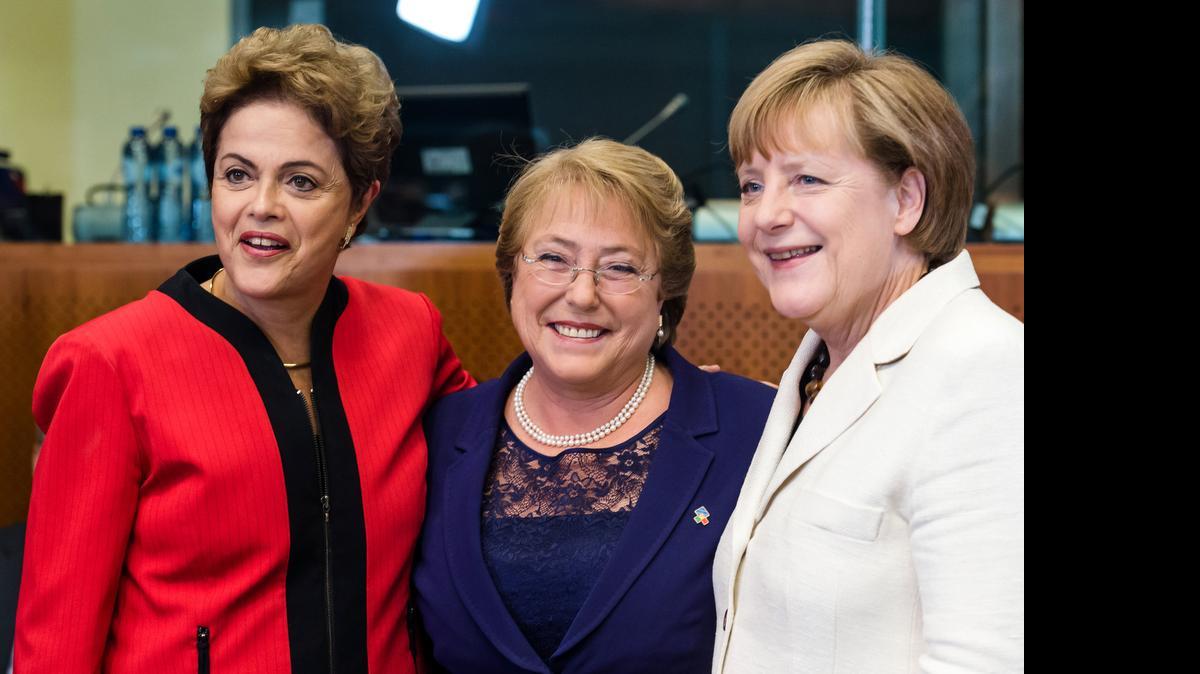 
THREE AMIGAS: Brazil’s President Dilma Rousseff, left, stands with German Chancellor Angela Merkel, right, and Chile’s President Michelle Bachelet during a recent summit in Brussels. Ms. Rousseff is due for a visit to Washington, D.C., on June 30.
