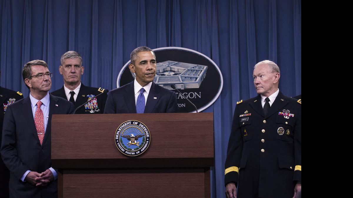 
NO EASY SOLUTION: President Obama, flanked by U.S. military leaders, told reporters at the Pentagon on Monday that the fight against the Islamic State won't be over quickly.
