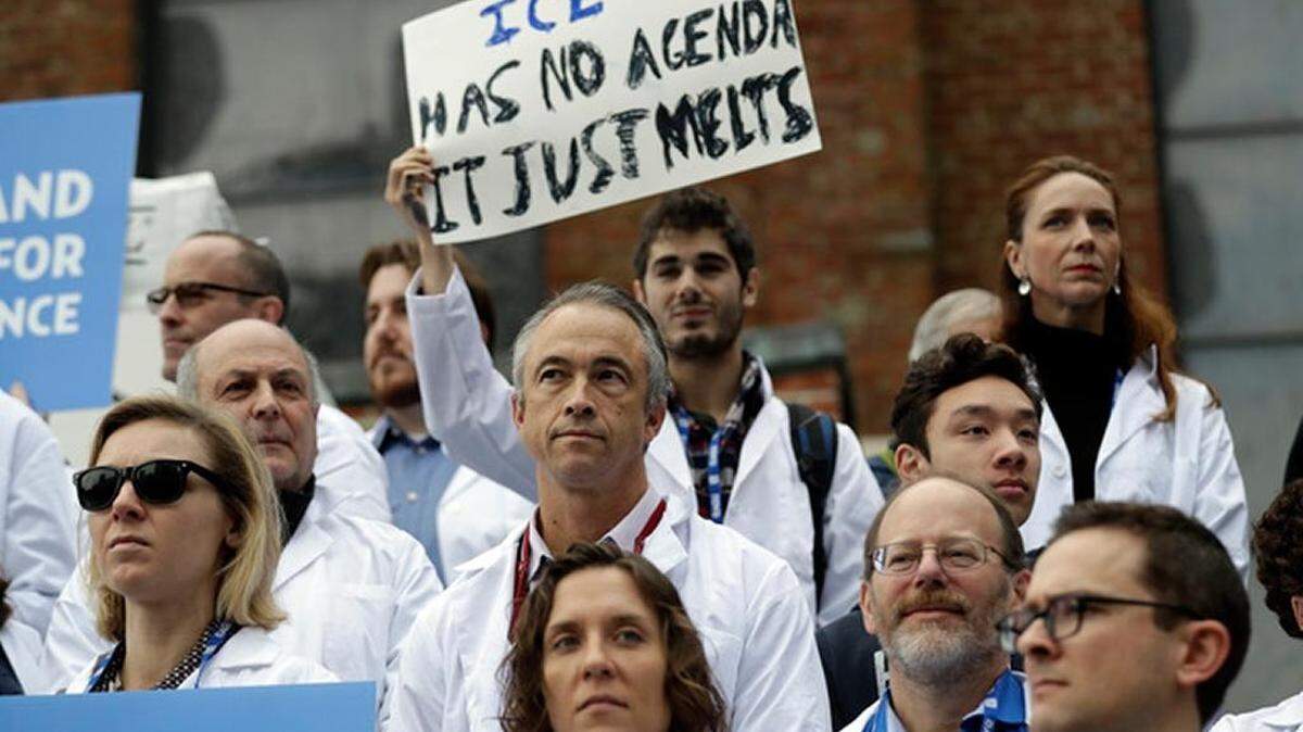 Scientists hold signs during a rally in conjunction with the American Geophysical Union’s December meeting , in San Francisco.