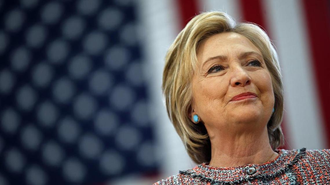 Hillary Clinton pauses as she speaks at a rally at Hartnell College in Salinas, California in May.
