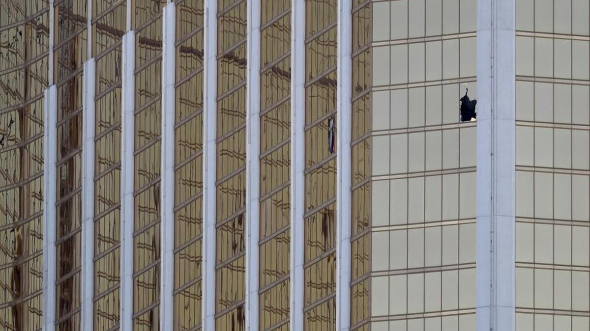The shooter’s vantage point - one of two broken windows at the Mandalay Bay Resort and Casino in Monday’s daylight.