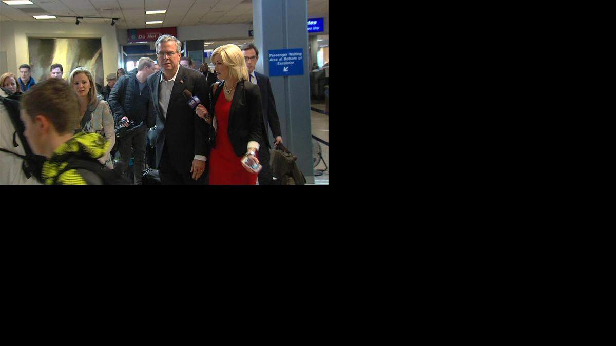 
IN UTAH: Jeb Bush arrives in Salt Lake City last month to meet with Mitt Romney before Romney bowed out of the 2016 primaries.
